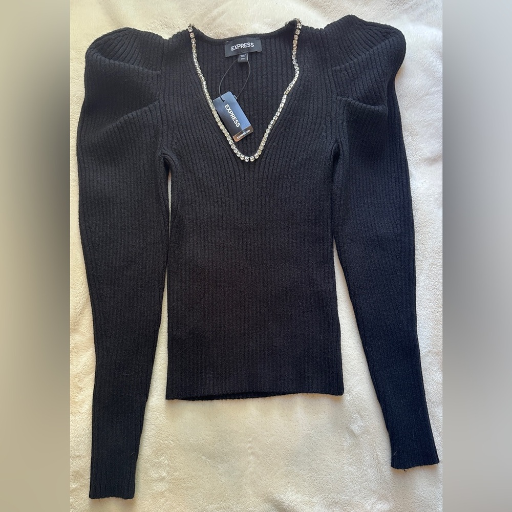 Express Black Sweater with Crystal Necklace Accent